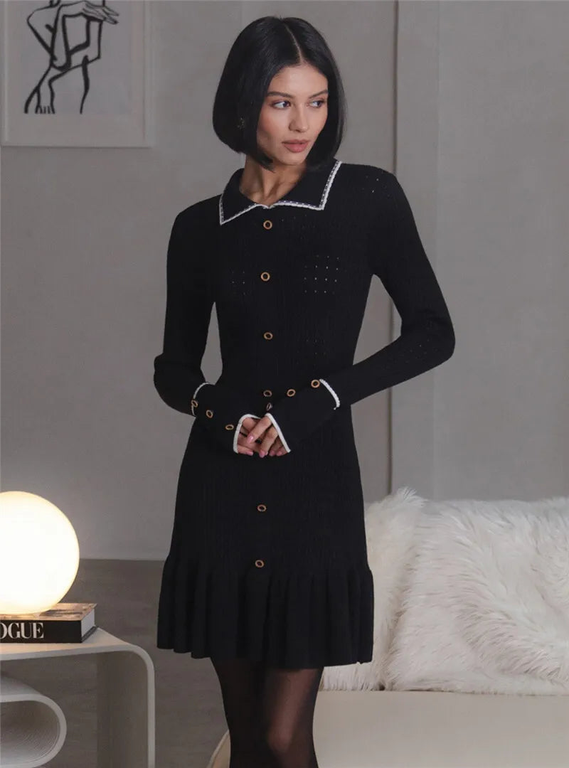 Autumn Long Sleeve Knit Dress For Women Fashion Lapel Single-btrasted Button High Waist Ruffled Mini Dress Knitwear