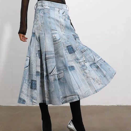 Load image into Gallery viewer, Solid Patchwork Pleated Elegant Denim Skirts For Women High Waist Vintage Split Skirt Female Fashion Clothing

