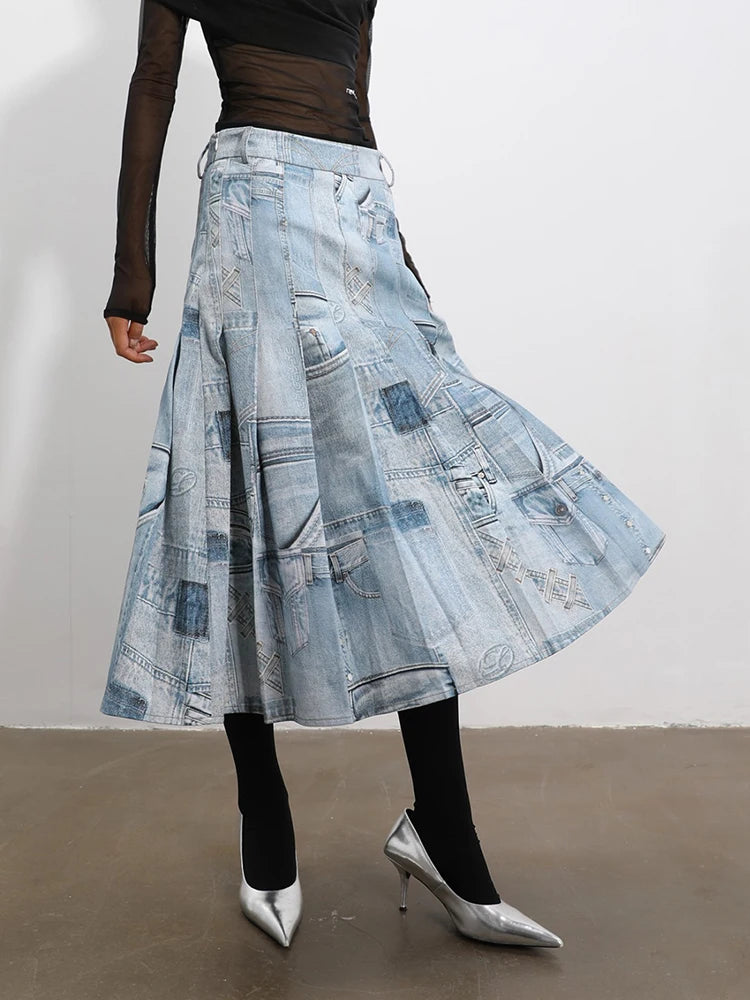 Solid Patchwork Pleated Elegant Denim Skirts For Women High Waist Vintage Split Skirt Female Fashion Clothing