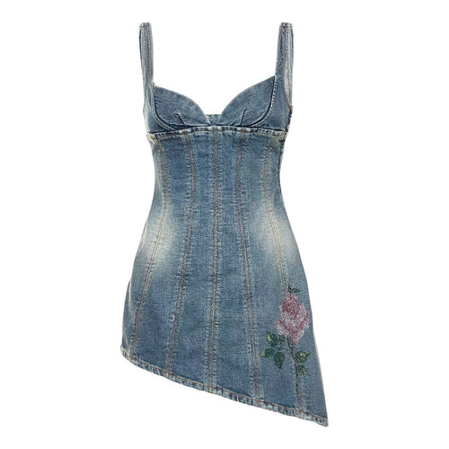 Load image into Gallery viewer, Solid Printing Denim Dresses For Women V Neck Sleeveless High Waist Tunic A Line Sexy Dress Female Fashion Clothing
