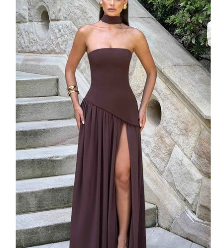 Elegant Strapless Bodycon High Slit Scarf Party Club Evening Dress Women Sexy Backless Sleeveless Slim Summer Vestido