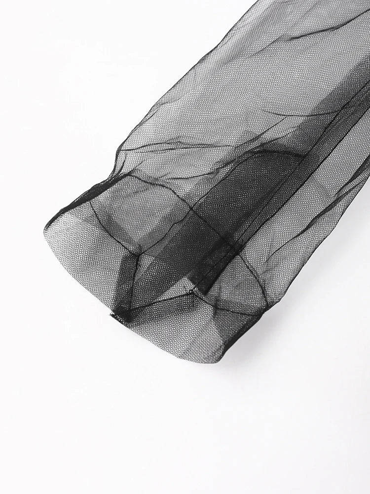 Women Black Mesh Ruffles Perspective Long Blazer New Lapel Long Sleeve Jacket Fashion Tide Spring Summer 2025 CPDB110