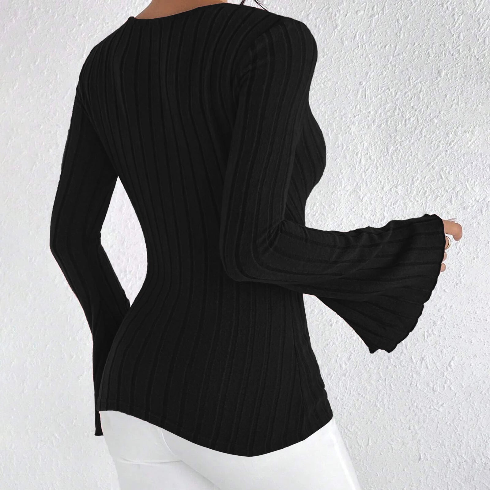 y2k Knitted T Shirts Sexy Women Clothes Solid Color Deep V Neck Flared Long Sleeve Ribbed Tops Clothing Club Streetwear