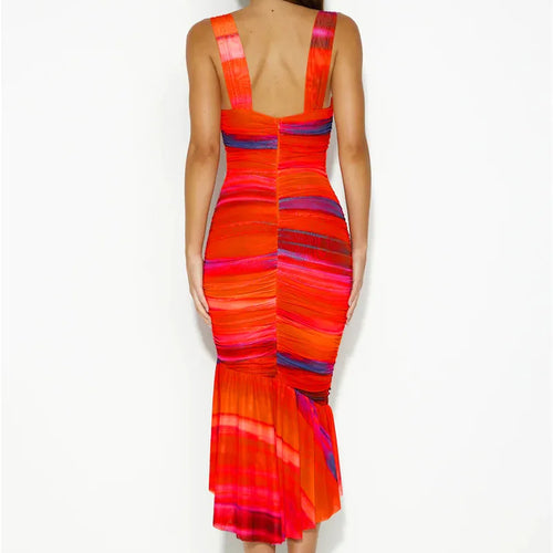 Load image into Gallery viewer, Striped Backless Ruched Midi Dress Women Two Layer Mesh Spaghetti Strap Sleeveless Bodycon Sexy Print Fishtail Dress
