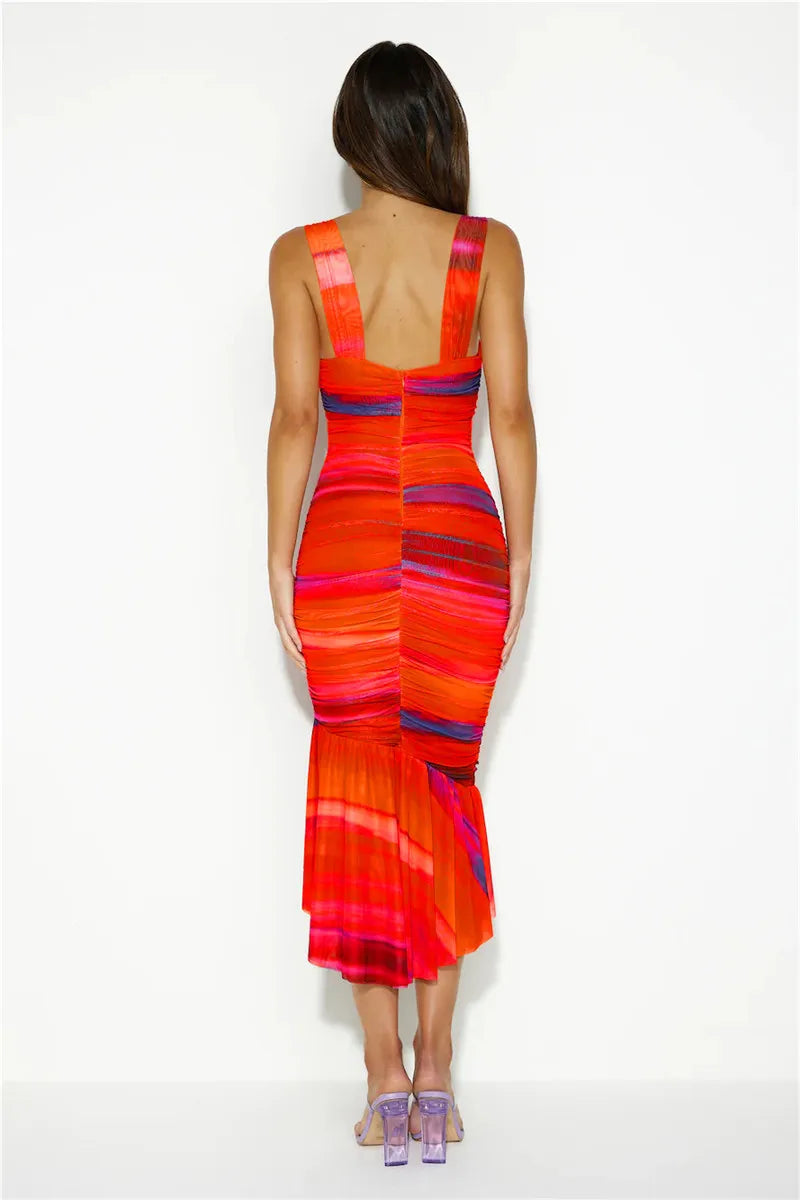 Striped Backless Ruched Midi Dress Women Two Layer Mesh Spaghetti Strap Sleeveless Bodycon Sexy Print Fishtail Dress