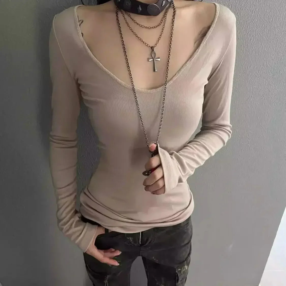 Korean Woman Tshirts Deep V-neck Long Sleeve T Shirts Summer Tees 2024 Ropa Mujer Casual Slim Fit Camisetas Sexy Y2k T-shirt