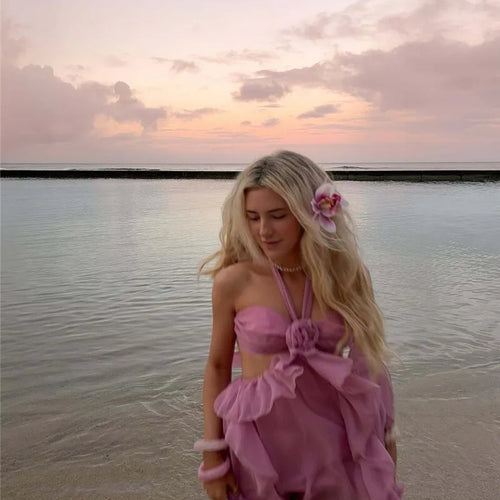 Load image into Gallery viewer, Rose Halter Backless Sexy Mini Dress Women Pink Off-shoulder Strapless Sleeveless High Waist Club Party Beach Dress
