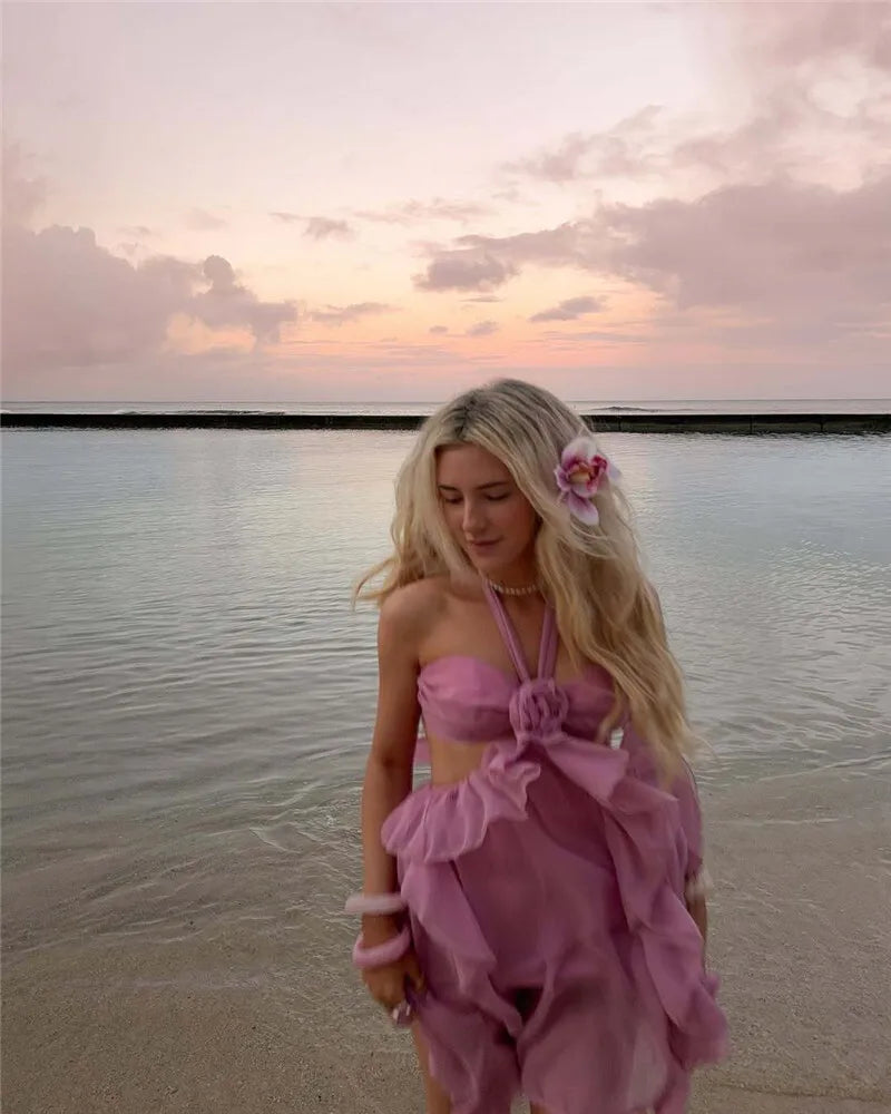 Rose Halter Backless Sexy Mini Dress Women Pink Off-shoulder Strapless Sleeveless High Waist Club Party Beach Dress