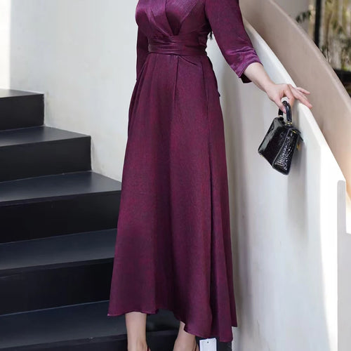Load image into Gallery viewer, Solid Spliced Lace Up Slimming Dresses For Women V Neck Long Sleeve High Waist Temperament Elegant Dress Female New
