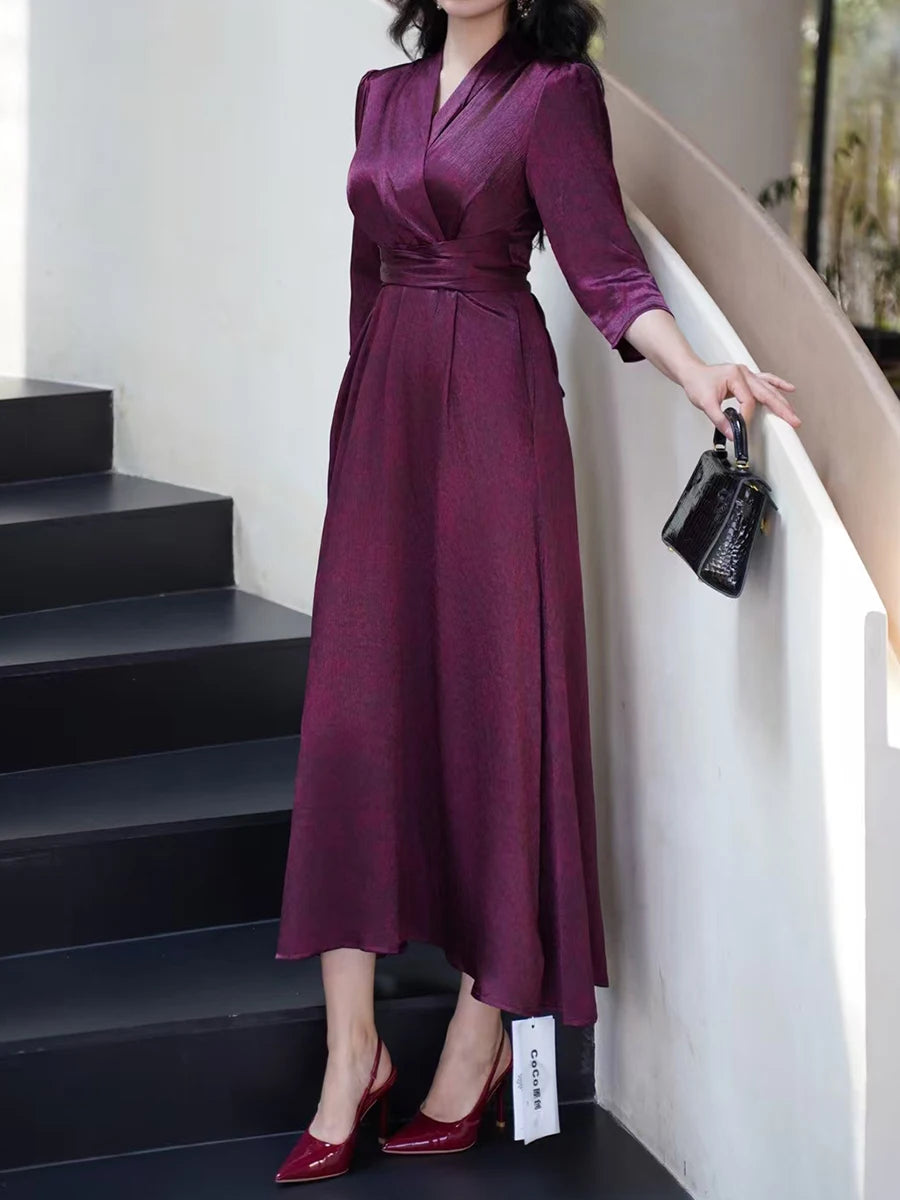 Solid Spliced Lace Up Slimming Dresses For Women V Neck Long Sleeve High Waist Temperament Elegant Dress Female New