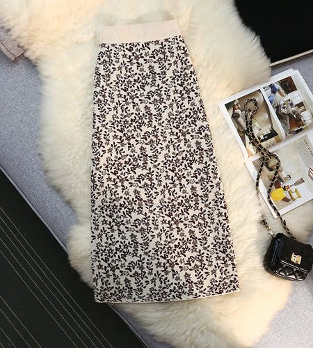Vintage Elegant High Waist Knitted Midi Skirt Women Winter Spring Autumn Print Skirts Female A-line Ladies Pencil Wrap Skirt