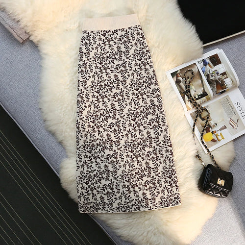 Load image into Gallery viewer, Vintage Elegant High Waist Knitted Midi Skirt Women Winter Spring Autumn Print Skirts Female A-line Ladies Pencil Wrap Skirt
