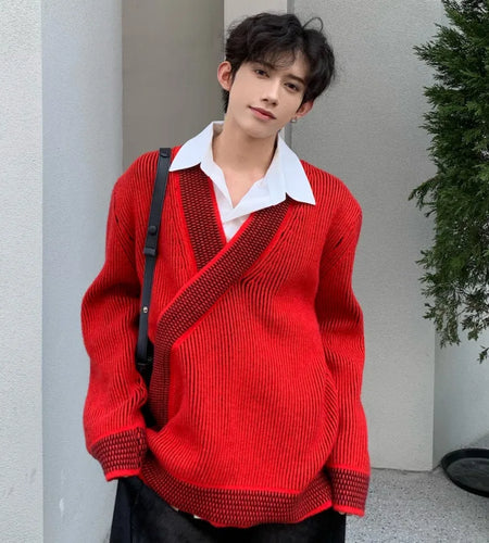 Trendy Men's Sweater New Fashion Pullover V-neck Solid Color Loose Male Tops 2024 Winter Knitting Clothing Fashion 9C3684