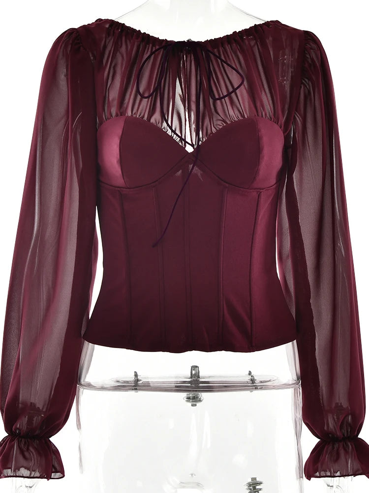 Elegant Long Sleeved Chiffon Patchwork Zipper Slimt Women T-shirt Top Sexy Backless Bandage Tight Top Autumn/winter 2025