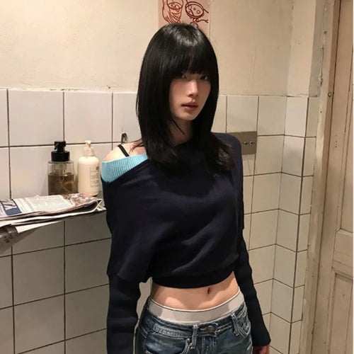 Load image into Gallery viewer, 2025 Women Knitted Patchwork Skew Collar T-shirts Y2k Aesthetic Batwing Sleeve Sexy Tops Streetwear Vintage Grunge Cropped Tees
