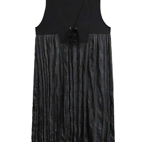 Load image into Gallery viewer, Women Black Bandage Pleated Spliced Big Size Midi Dress New V-Neck Sleeveless Fashion Tide Spring Autumn 2025 1DJ077701
