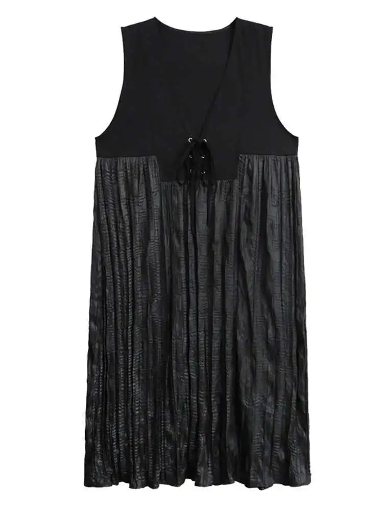 Women Black Bandage Pleated Spliced Big Size Midi Dress New V-Neck Sleeveless Fashion Tide Spring Autumn 2025 1DJ077701
