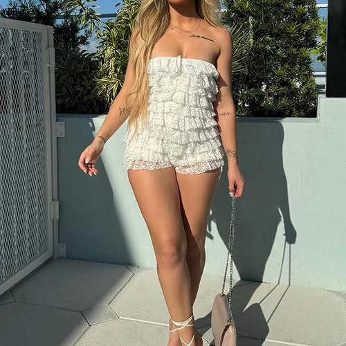 Load image into Gallery viewer, Solid Strapless Floral Print Bow Ruched Sexy Bodycon Playsuit Fashion Women Y2K Romper Birthday Party Vacation
