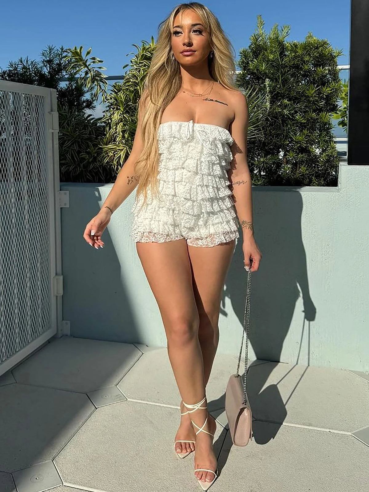 Solid Strapless Floral Print Bow Ruched Sexy Bodycon Playsuit Fashion Women Y2K Romper Birthday Party Vacation