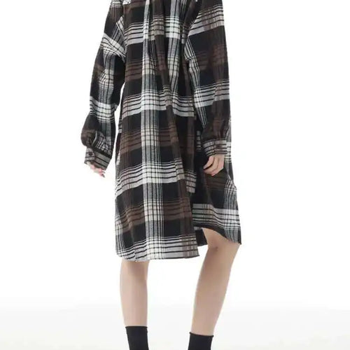 Load image into Gallery viewer, Women Plaid Big Size Knee-Length Shirt Dress New Lapel Long Sleeve A-line Loose Fit Fashion Spring Autumn 2025 1DH2091
