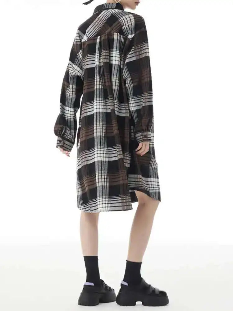 Women Plaid Big Size Knee-Length Shirt Dress New Lapel Long Sleeve A-line Loose Fit Fashion Spring Autumn 2025 1DH2091