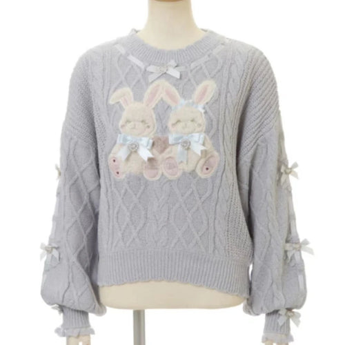 Load image into Gallery viewer, Japanese Rabbit Cartoon Embroidery Kawaii Cute Sweater Women Preppy Style Bow Knitted Jumper Fairy Twist Csual Loose Pullover
