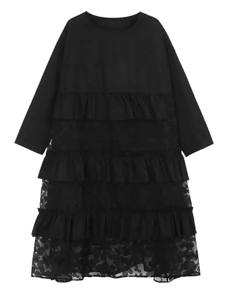 Women Black Flower Mesh Big Size Ruffles Casual Dress New Round Neck Long Sleeve Fashion Tide Spring Autumn 2025 1DH8213
