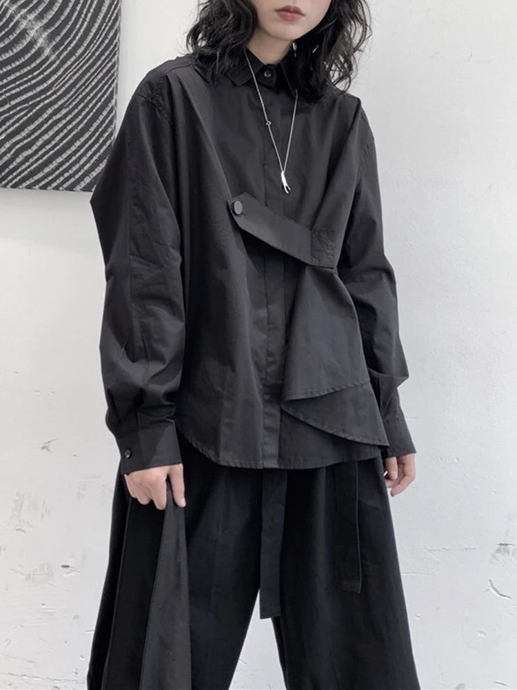 Women Black Irregular Button Big Size Casual Blouse New Lapel Long Sleeve Shirt Fashion Tide Spring Autumn 2025 1DJ1667
