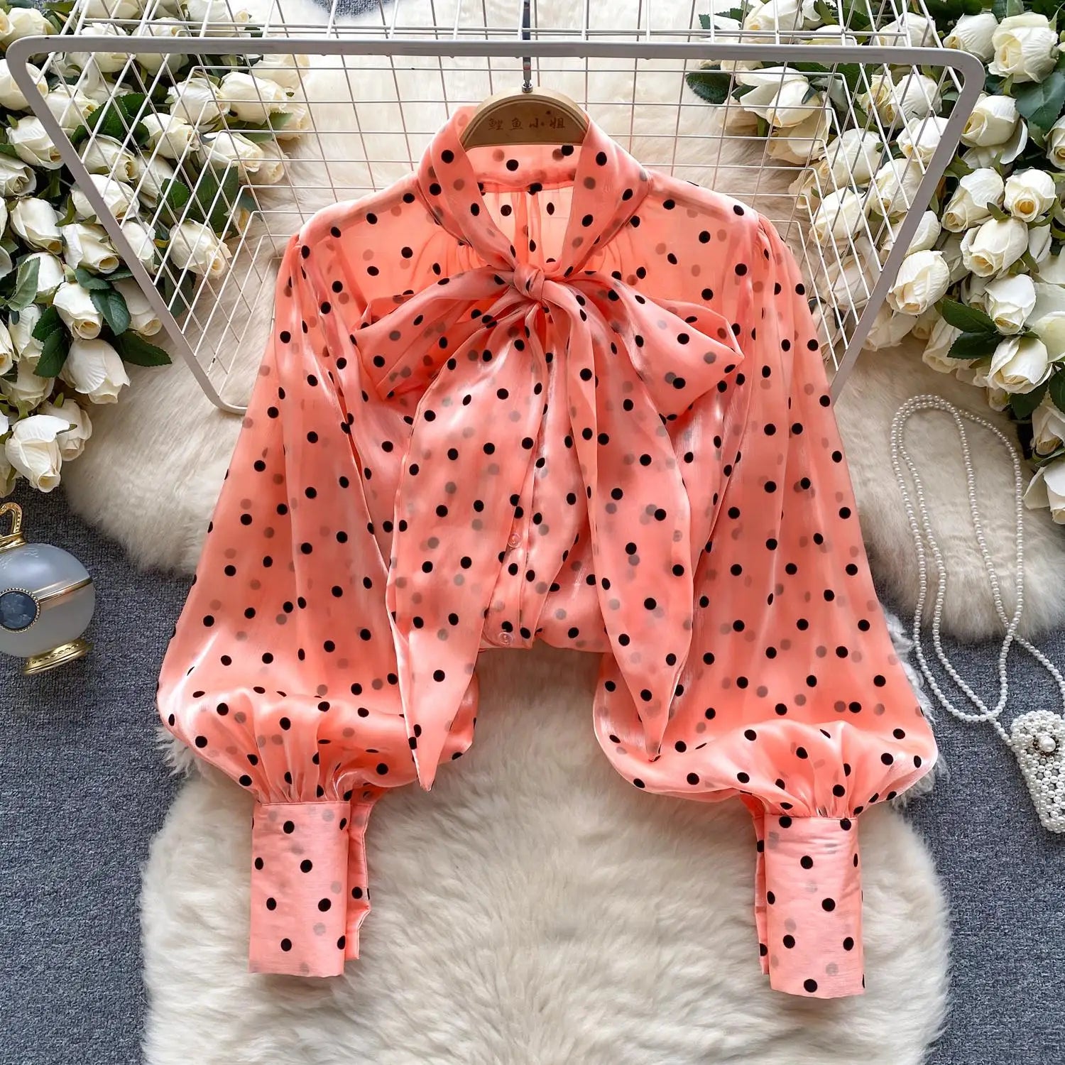 Autumn Women's Vintage Festival Polka Dots Single Breasted Shirt Elegant Sweet Bow Long Sleeve Loose Office Ladies Blouses Tops