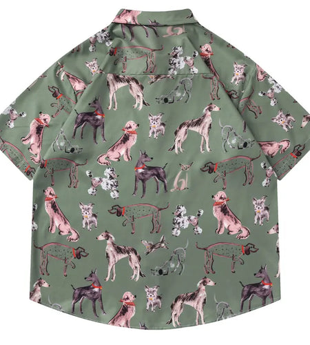 Harajuku Hawaiian Shirts Graffiti Cartoon Dog Graphic Printed Summer Beach Blouse Men Hip Hop Baggy Button Up Short Sleeve Tops