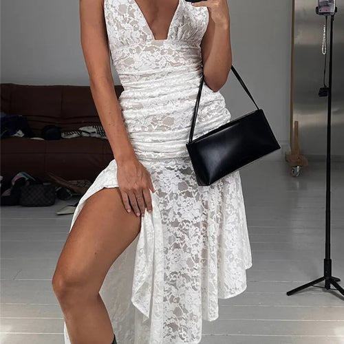 Load image into Gallery viewer, Lace Ruched Sexy Maxi Dress Women Gown White Patchwork Deep V Neck Sleeveless Backless High Waist Long Tank Dress
