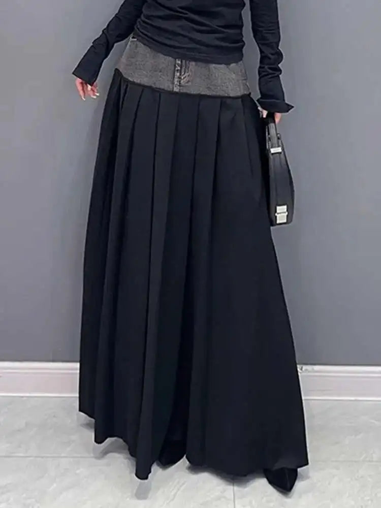 High Elastic Waist Blue Color-block Denim Pleated A-line Half-body Skirt Women Fashion Tide New Spring Autumn 2025 1DH2576