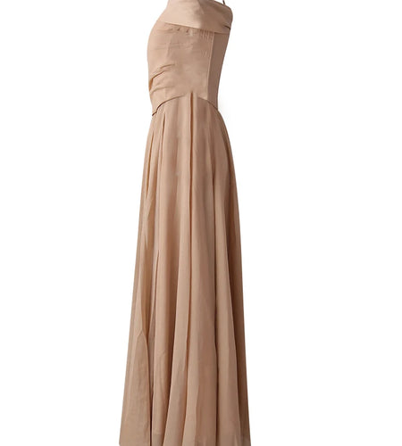 Women Khaki Pleated Slim Elegant Long Party Dress New Slash Neck Sleeveless Fashion Tide Spring Autumn 2025 CPG2992