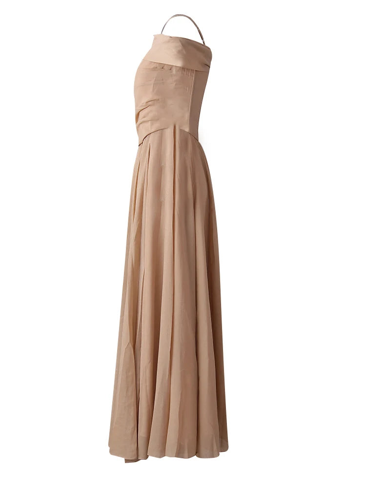 Women Khaki Pleated Slim Elegant Long Party Dress New Slash Neck Sleeveless Fashion Tide Spring Autumn 2025 CPG2992