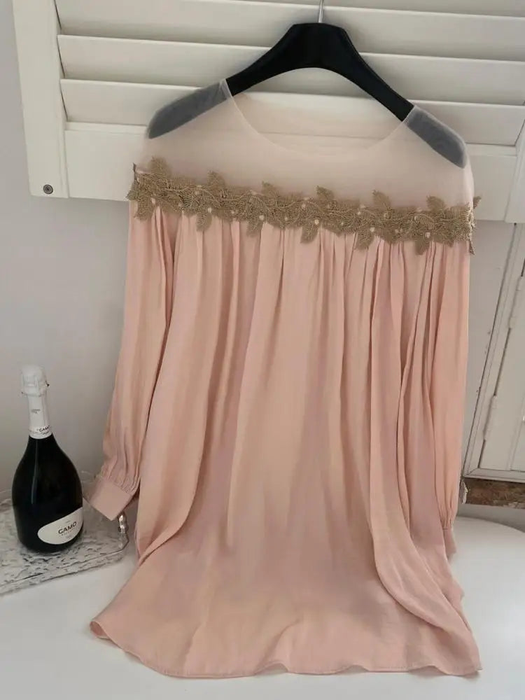 Vintage Women's Elegant Pink Patchwork Mini Dress Autumn French Long Sleeve Round Neck Vacation Pleated Short Dress Popular Chic