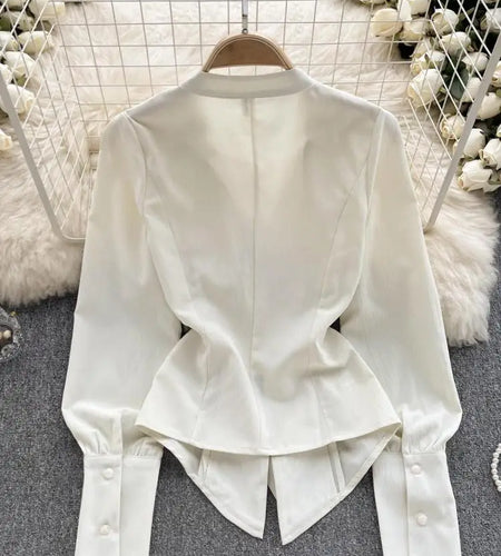 French Vintage Beige Lantern Long Sleeve Shirts For Women Autumn V Collar Pleated Tops Irregular Slim Blouses Fashion Beautiful