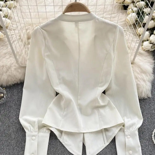 Load image into Gallery viewer, French Vintage Beige Lantern Long Sleeve Shirts For Women Autumn V Collar Pleated Tops Irregular Slim Blouses Fashion Beautiful

