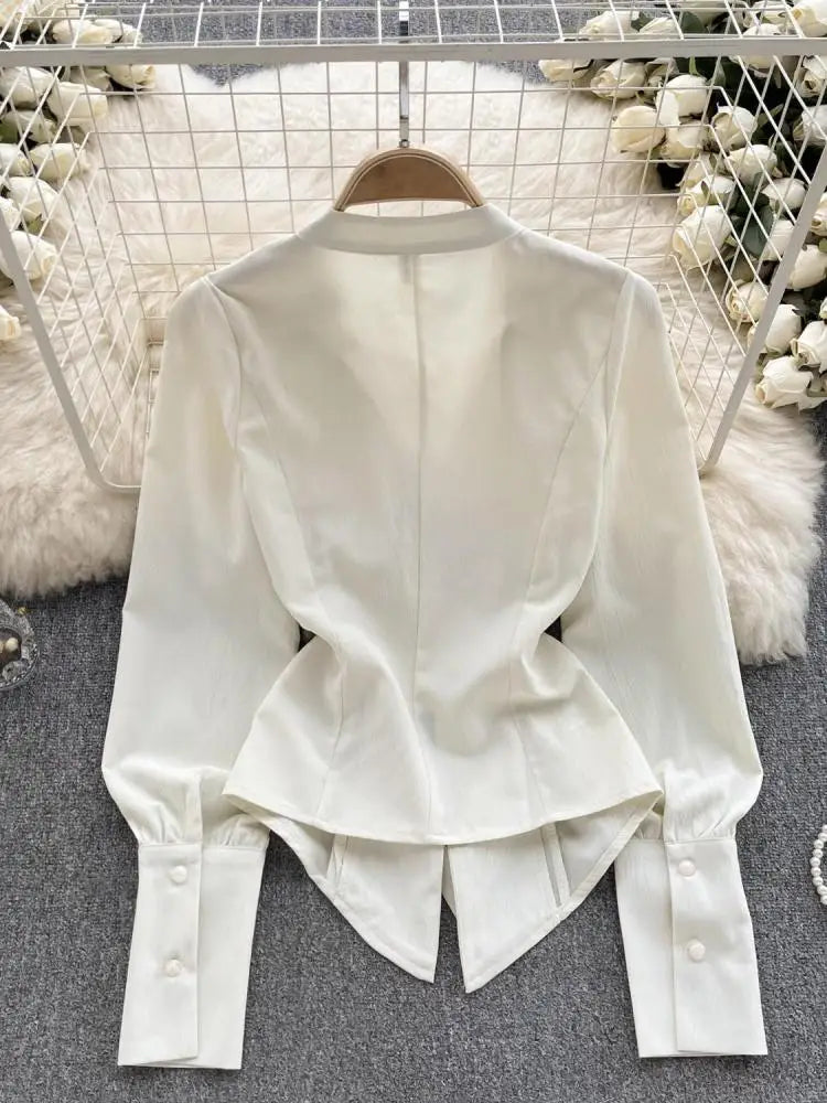 French Vintage Beige Lantern Long Sleeve Shirts For Women Autumn V Collar Pleated Tops Irregular Slim Blouses Fashion Beautiful