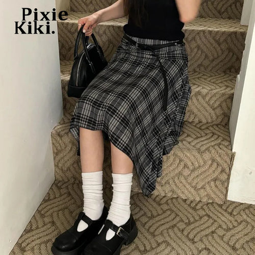 Load image into Gallery viewer, Grey Plaid Irregular Skirts Womens 2024 Fall School Girl Preppy Style Vintage Midi Skirt P84-BI20
