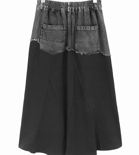 High Elastic Waist Gray Denim Color-block A-line Half-body Skirt Women Fashion Tide New Spring Autumn 2025 1DJ0889