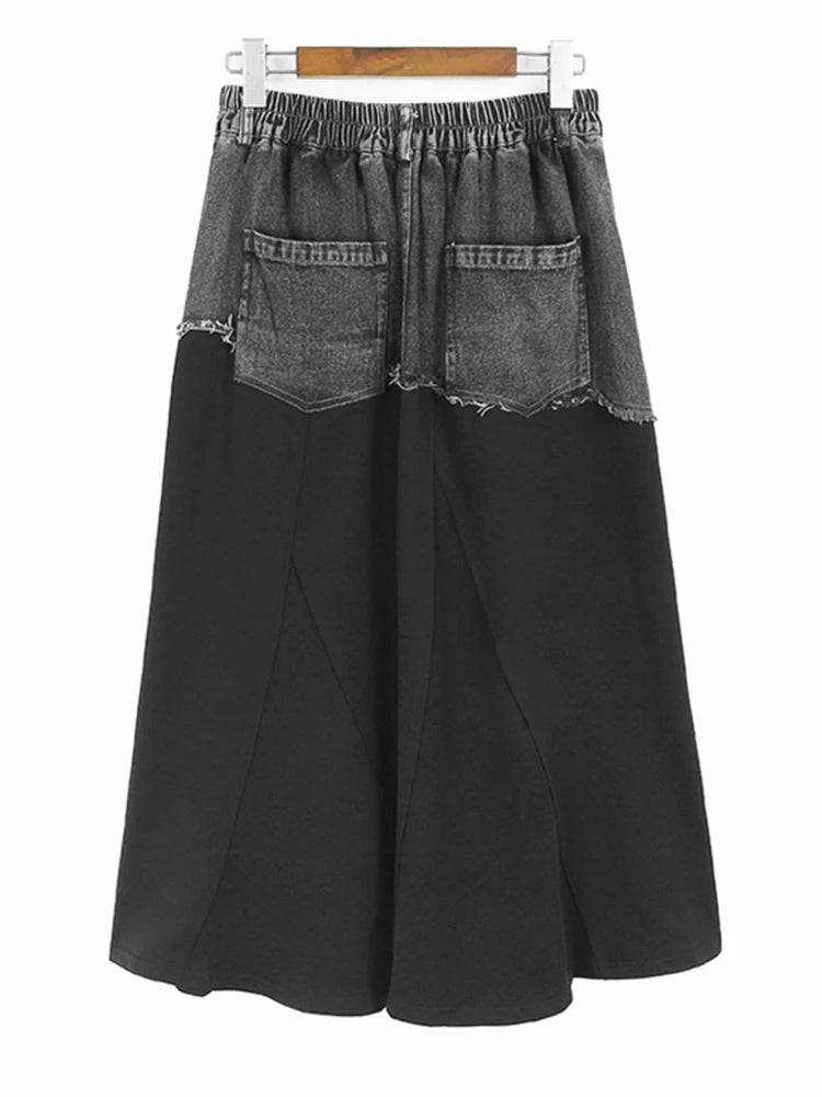 High Elastic Waist Gray Denim Color-block A-line Half-body Skirt Women Fashion Tide New Spring Autumn 2025 1DJ0889