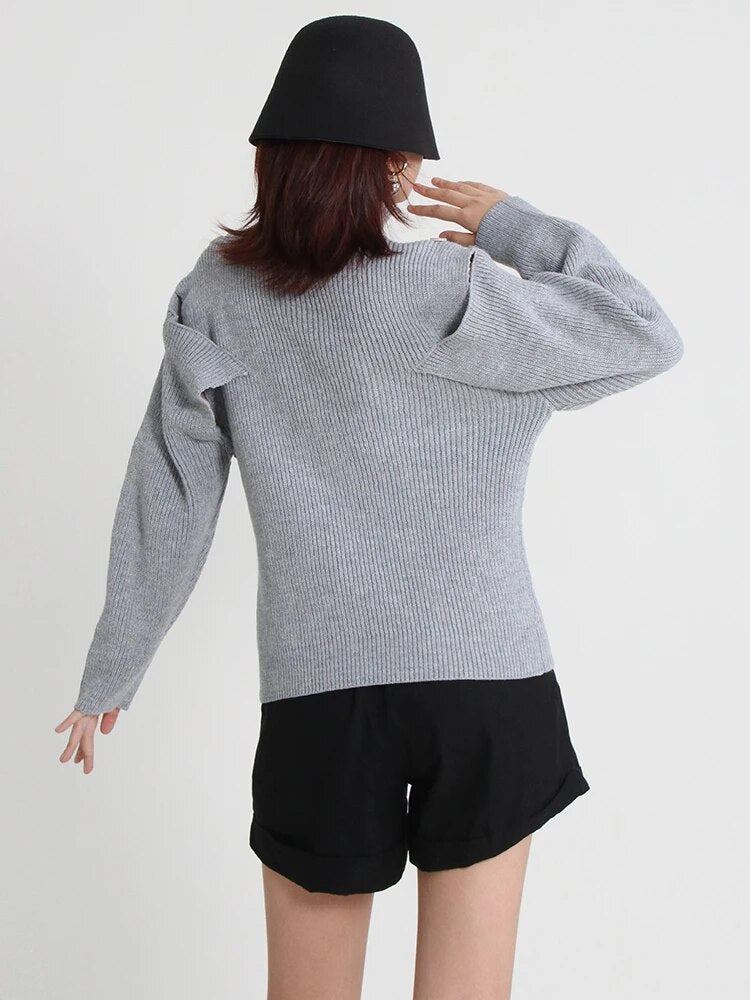 Hollow Out Sweater For Women Turtleneck Lantern Sleeve Knitting Minimalist Sweaters Female Autumn Clothing Fashion