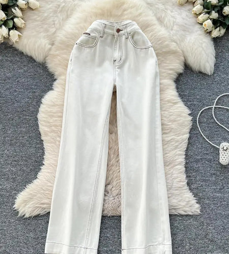 Spring Korean Vintage Red High Waist Straight Denim Pants Women White Wide Leg Jeans Fashion Casual Popular Trousers Streetwear