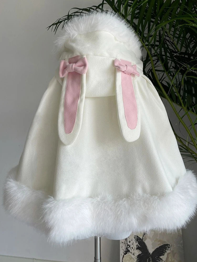 Japanese Lolita Sweet Rabbit's Ears Hooded Cloak Jackets Women Y2k Aesthetic Lace Patchwork Love Coat Harajuku Kawaii Bow Jacket