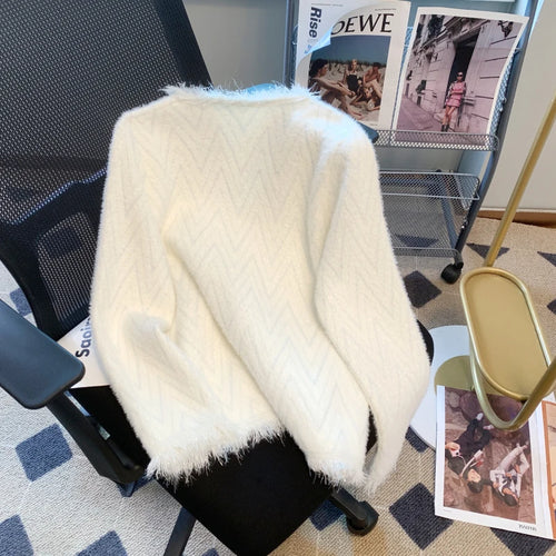 Load image into Gallery viewer, Korean White Imitation Mink Knitted Tops Women Spring Autumn Soft Cardigan Pink Sweater Casual Green Tassel Design Stripe Coat
