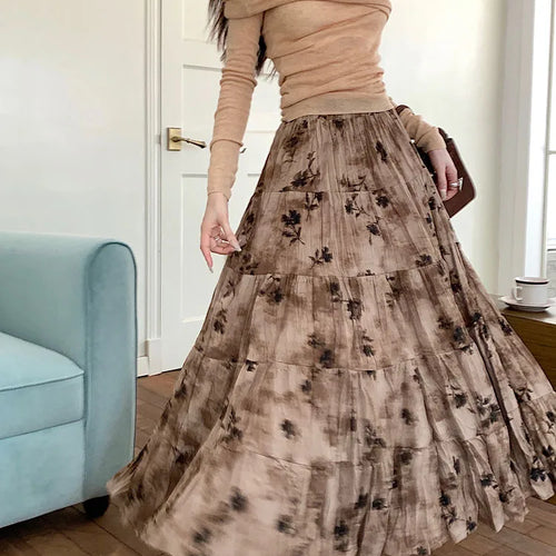 Load image into Gallery viewer, Korean Women Purple Print Vacation Skirt Fashion Spring Summer Vintage Brown High Waist Elegant Festival Pleated Skirt New Trend
