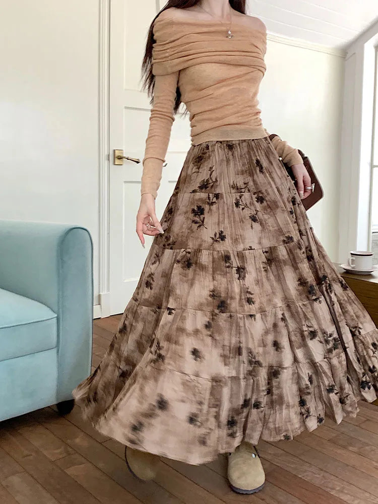 Korean Women Purple Print Vacation Skirt Fashion Spring Summer Vintage Brown High Waist Elegant Festival Pleated Skirt New Trend