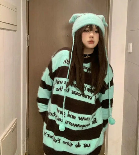 Contrast Color Striped Vintage Letter Print Sweaters Cashmere Loose Grunge Jumper 2025 Harajuku Knitted Pullovers Y2k Streetwear