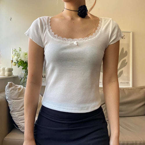 Load image into Gallery viewer, Korean Cute White Knit Lace Trim Bow Summer Tee Shirt Female Short Sleeve Slim Casual Girls Top Round Neck Basic New
