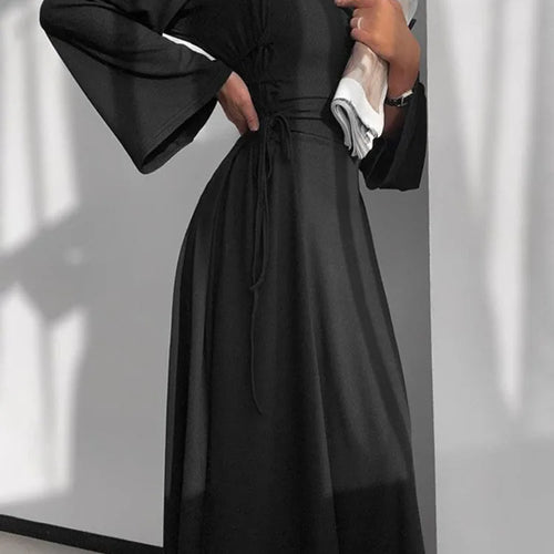 Load image into Gallery viewer, Ribbed Bandage Sexy Maxi Dress For Women Solid Lace-up O Neck Long Sleeve High Waist Elegant Long Dress Fashion
